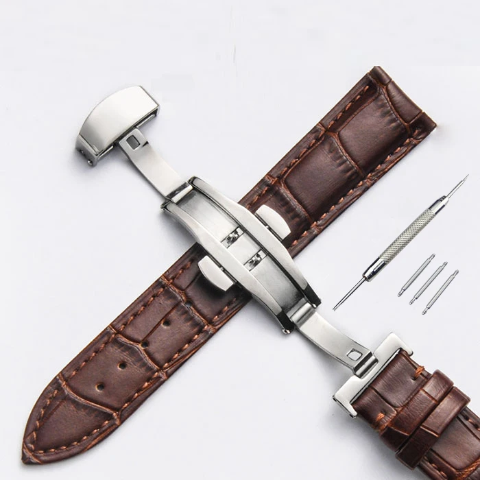 Butterfly Pattern Genuine Leather Watch Band Strap with Deployant Buckle in Brown & Black (12-24mm)