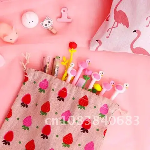 

Handmade Cotton Linen Flamingo Strawberry Pattern Drawstring Bag Storage Package Travel Small Women Cloth Bag Pouch 1PC