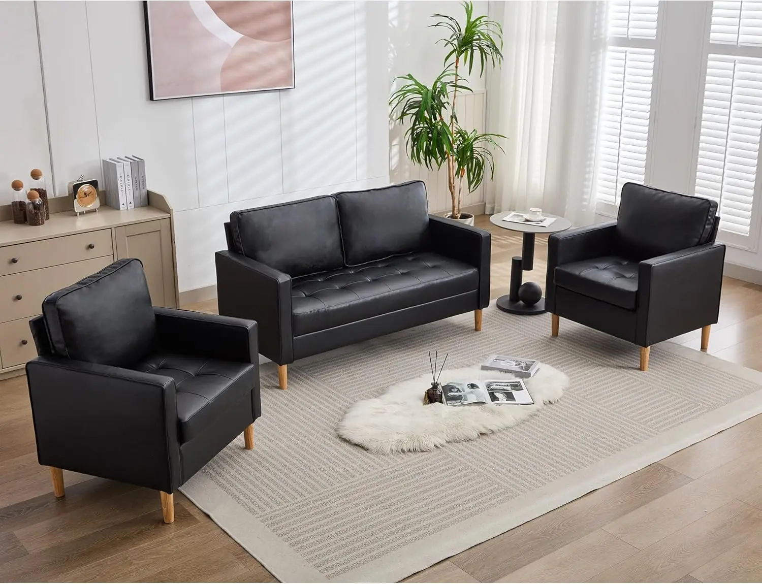 57" Small Black Faux Leather Sofa Couches f Mid-Century Modern Tufted Comfy Loveseat, 2 Seater Office Couch Love Seat