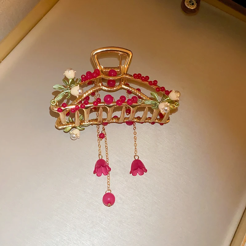 Imitation Perle Blume Haar Krallen für Frauen bunte runde Perlen Glocke geometrische Hai Kralle Clip Haars pangen Haarschmuck – Detail 9