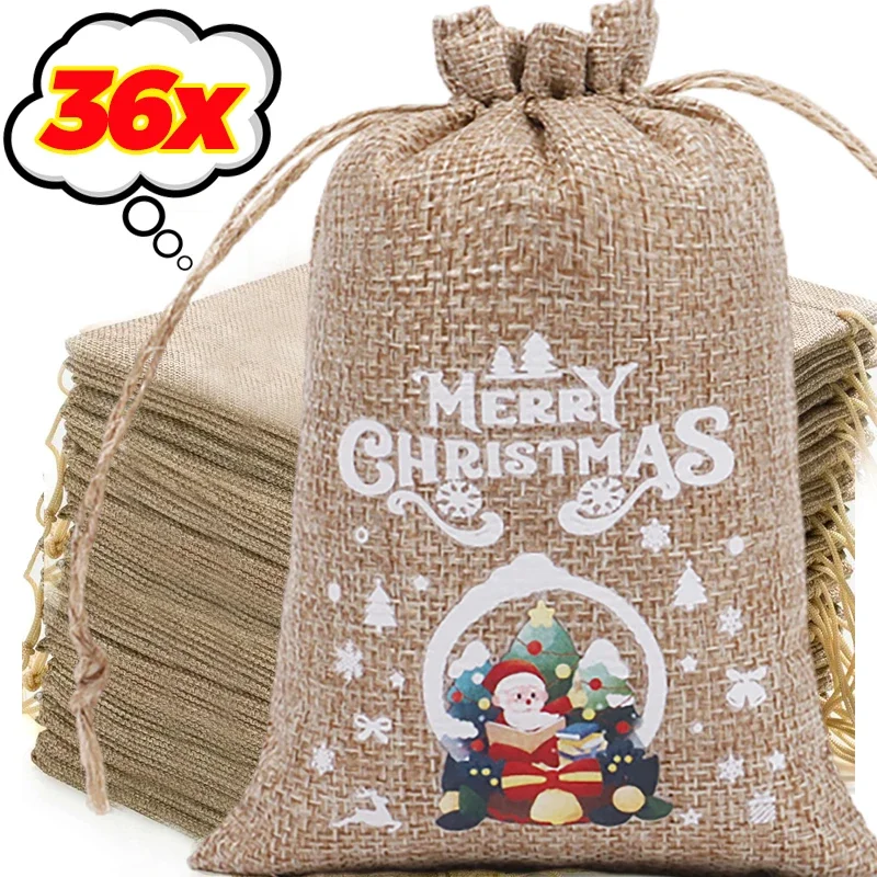 Christmas Linen Drawstring Bags Candy Biscuits Pouchs Burlap Bracelet Jewelry Storage Bag Xmas Kids Gifts Packaging Bags 36-1PC