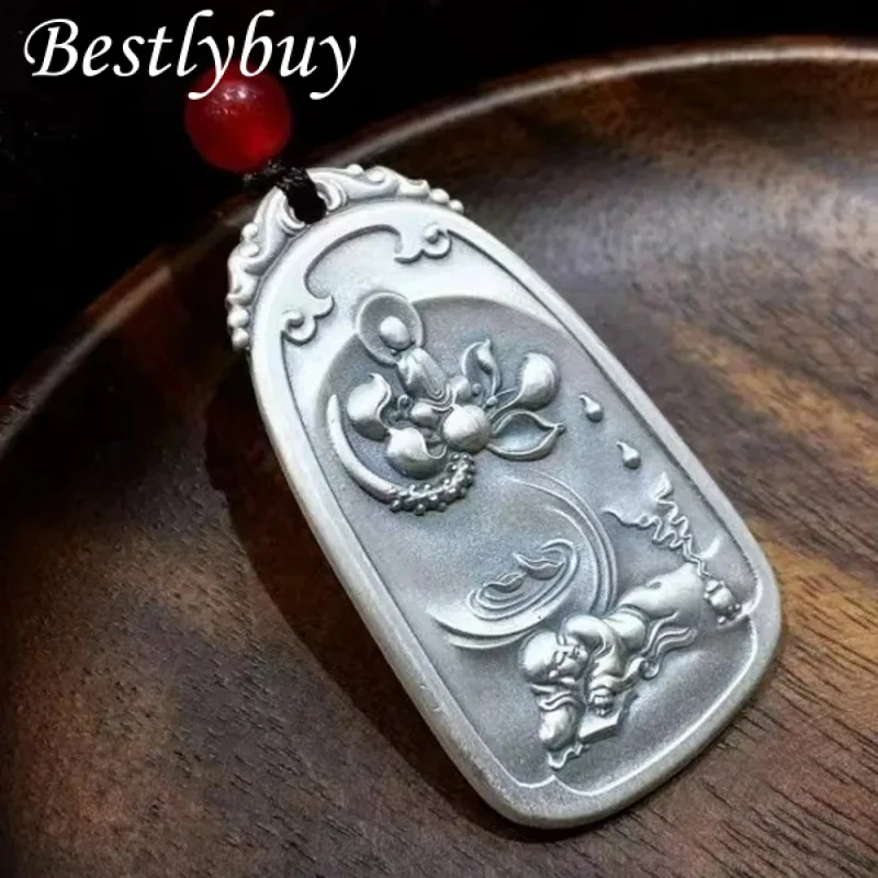 

New S999 Sterling Silver Vintage Matte Auspicious Cloud Monk Lotus Hang Tag Men's and Women's Gift Free Shipping