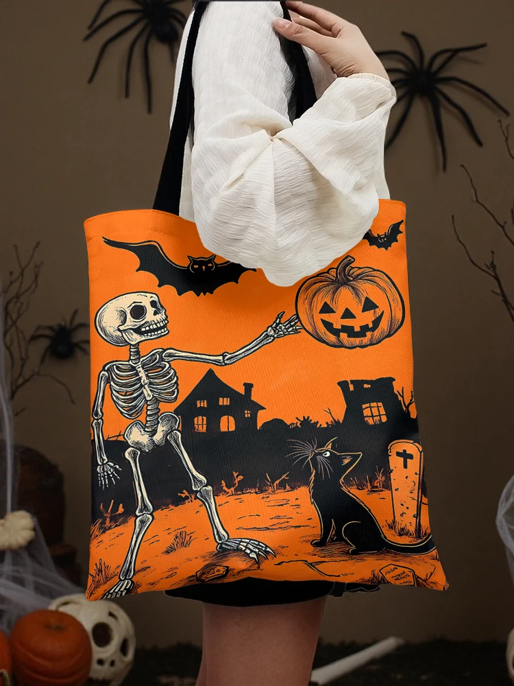 Halloween Skeleton and Pumpkin and Bat Pattern Printed Casual Handbag, Reusable Fashion Shopping Bag