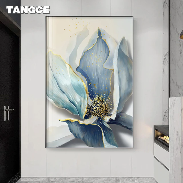 Pintura abstracta de flores azules, lámina dorada de lujo, arte de pared,  carteles e impresiones, cuadros nórdicos modernos para decoración de sala  de estar - AliExpress