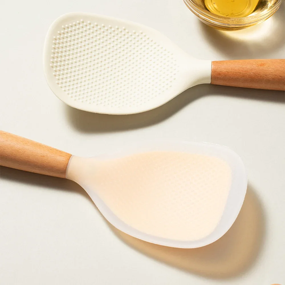 1Pcs Wooden Handle Silicone Rice Spoon Non-stick Electric Rice Cooker Food Grade Shovel Spoon Standable for Kitchen