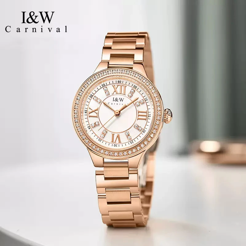 

Carnival Luxury Diamond Quartz Watch Women High Quality Rose Gold Stainless Steel Waterproof Fashion Ladies Watch Zegarek Damski