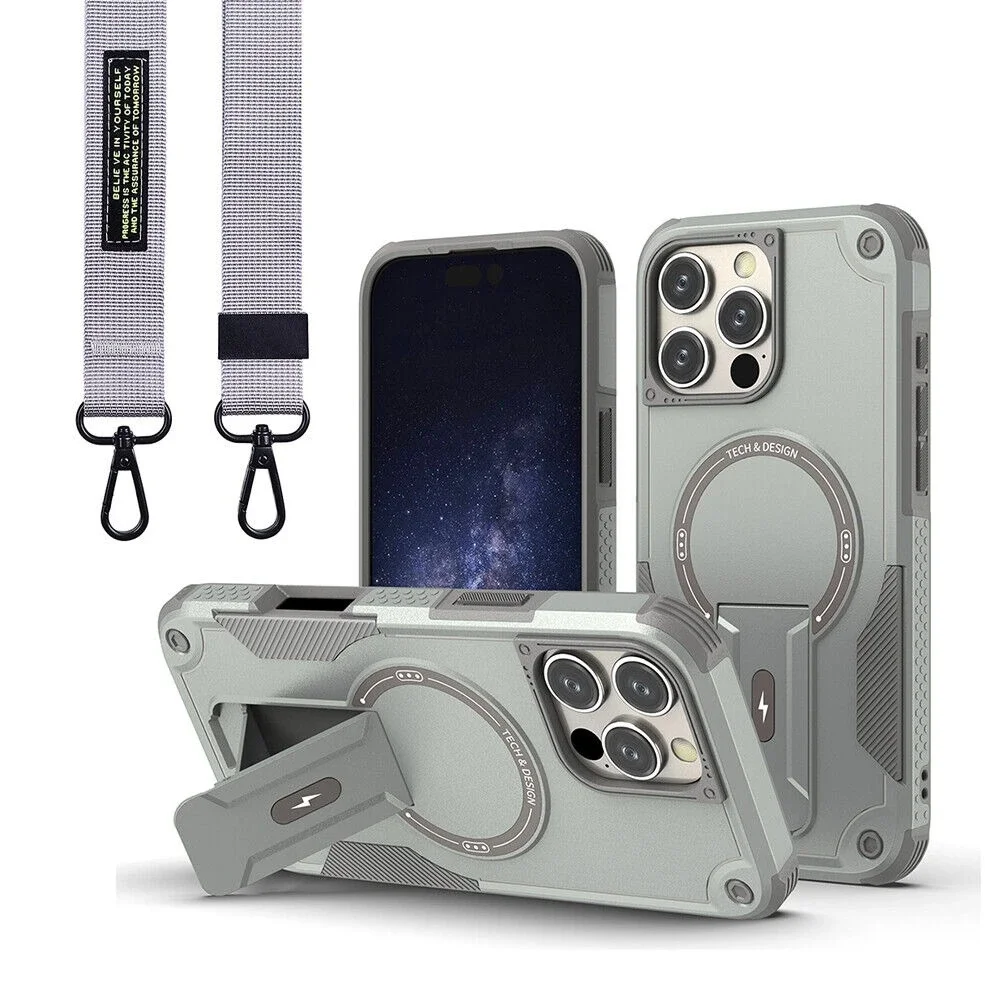 Outdoor Sturdy Magnetic Stand Armor Phone Case with Lanyard and Shockproof Protection