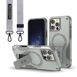 Outdoor Sturdy Magnetic Stand Armor Phone Case with Lanyard and Shockproof Protection - iPhone 15 Plus (GRAY)