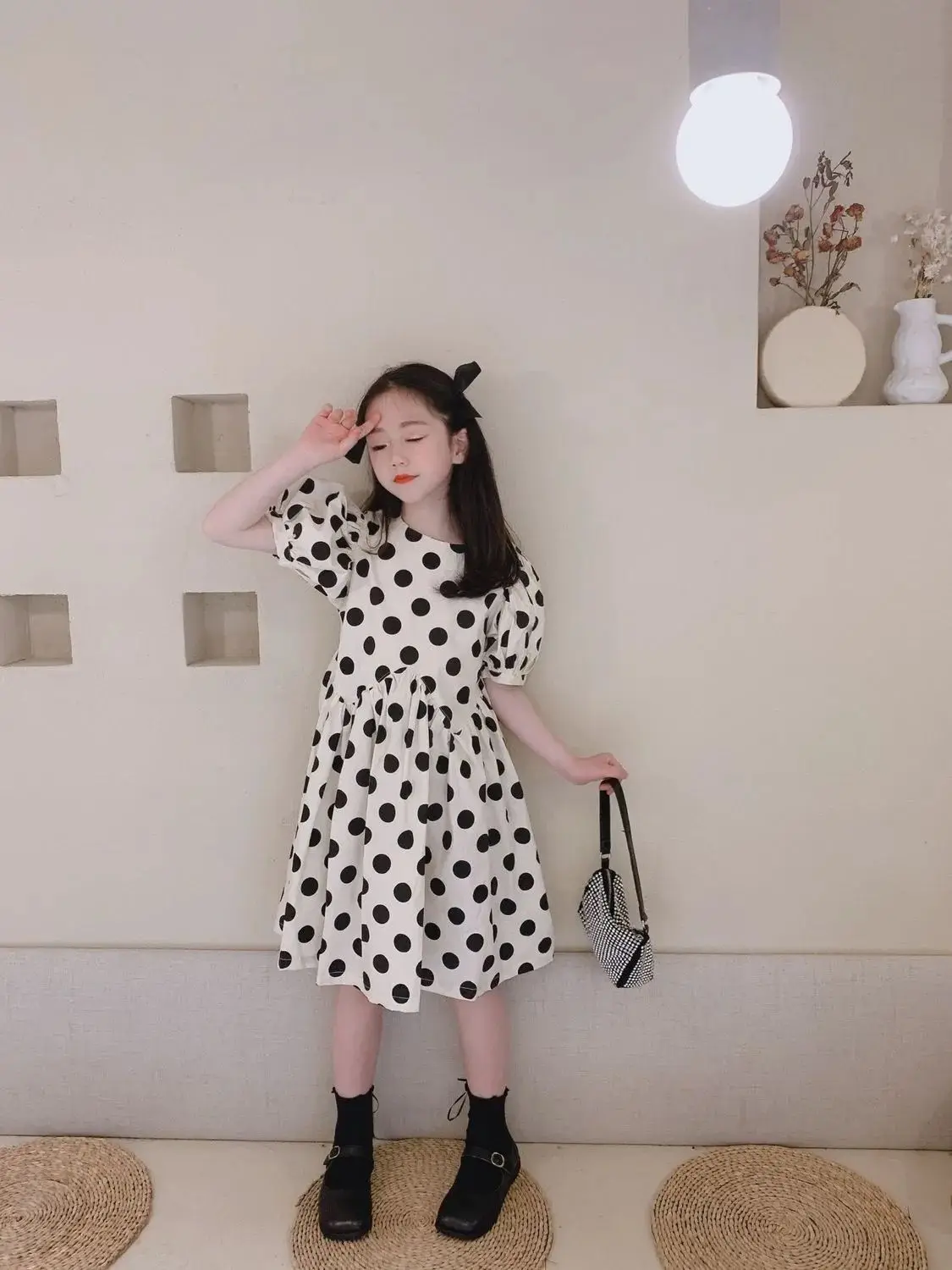 2023 neue Koreanische Mode Vintage Süße Casual Ästhetischen Chic Nette Kawaii Kleid Dot Lose Kontras Farben Kleidung Kinder Mädchen – Detail 12
