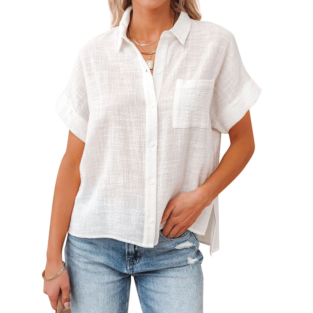 

Блузка женская из хлопка и льна с коротким рукавом, элегантная белая однобортная офисная рубашка с отложным воротником и карманами, лето