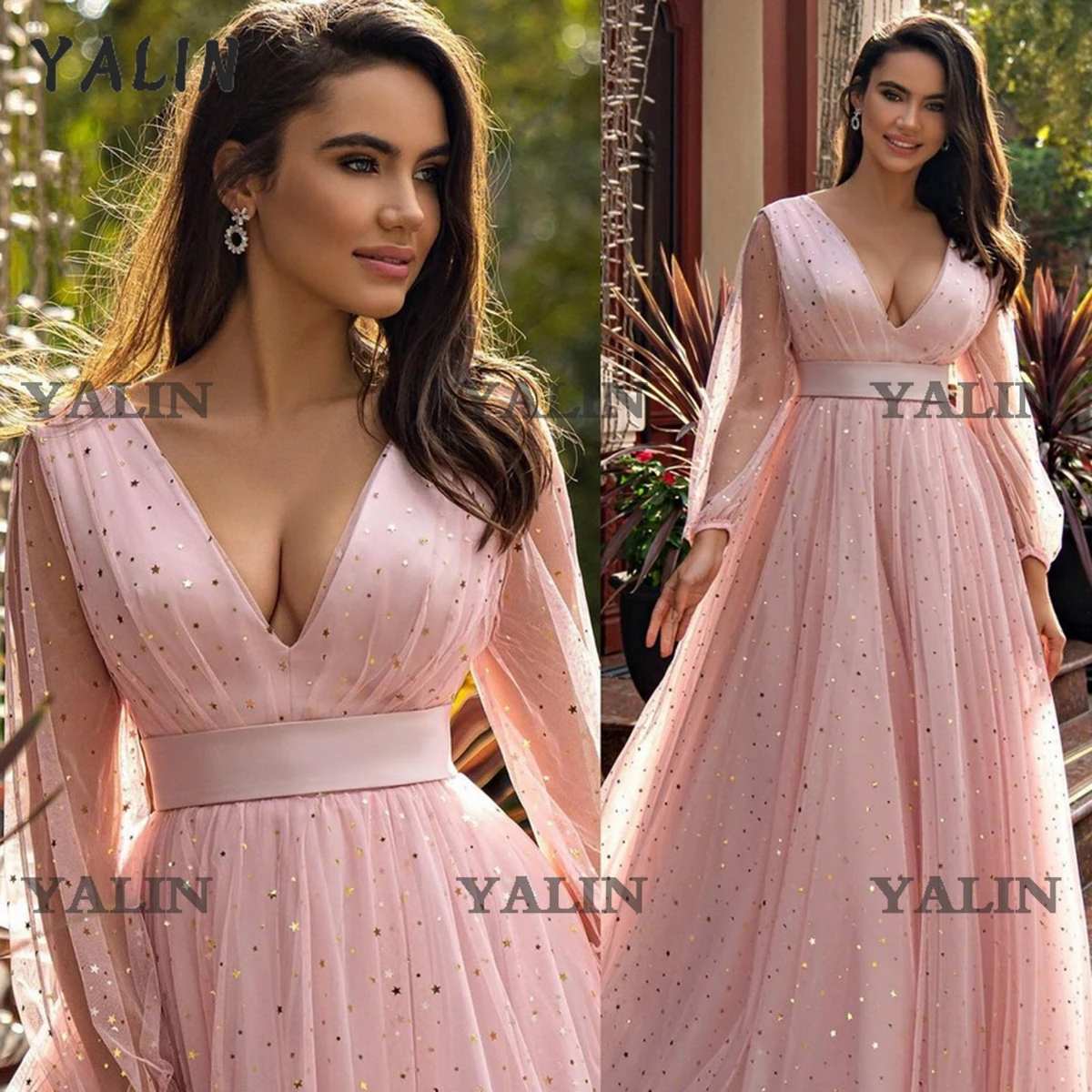 

YALIN Formal V-Neck Gradation Dresses Sweep Train Illusion Long Sleeves Evening Gown Shiny Stars Pink Tulle Celebrity Dress 2022