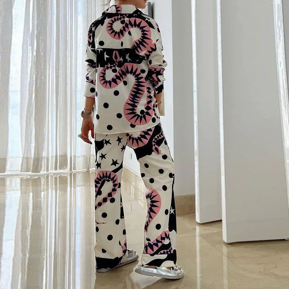 

2Pcs Set Women Starry Print Shirt Top and Pants Sets Long Sleeve Button Loose Blouse+High Waist Wide Leg Trousers Suits