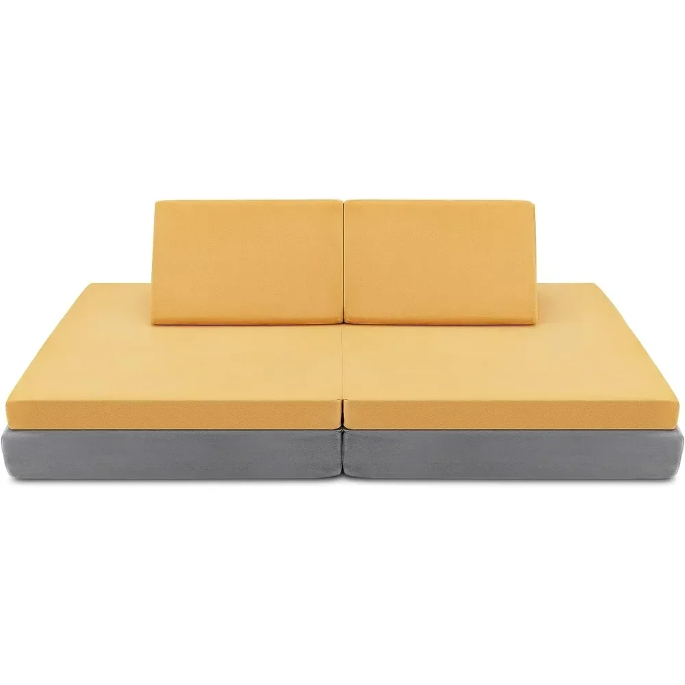 Convertible Kids Couch, 6-Piece Modular Sofa Playset or 2 Chair for Boy Girl w/Folding Mats & 2 Triangular Pillows 2