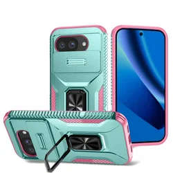 Military Grade Ring Holder Phone Case - Heavy Duty Shockproof with Camera Lens Slide and PC Cover - Google Pixel 8 Pro (Green PinkK)