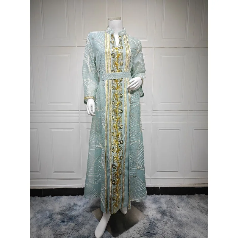 جلابية أوراق بنقش ذهبي فاخر بحزام