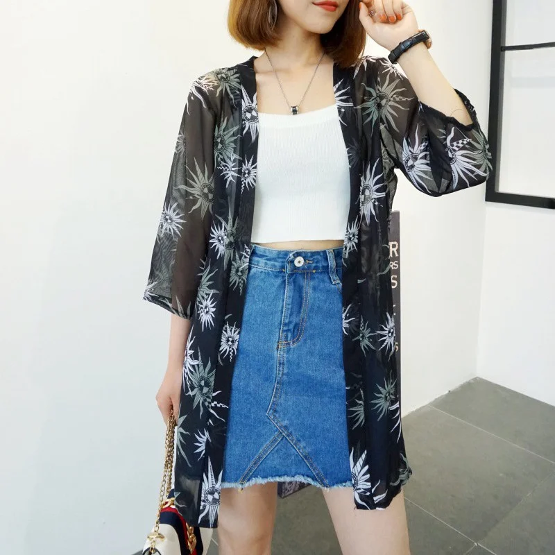 

Women Shawl Blouses Plus Size Printed Cardigan Women Tops V Neck Three Quarter Loose Chiffon Ponchos Kimono Cardigan