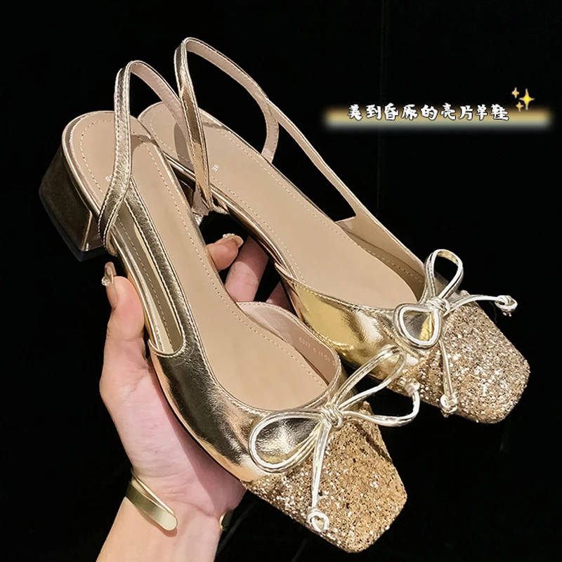 

2024 new summer women sandals natural Leather shoes 22-24.5cm cowhide+sequin+pigskin Square toe bow women shoes