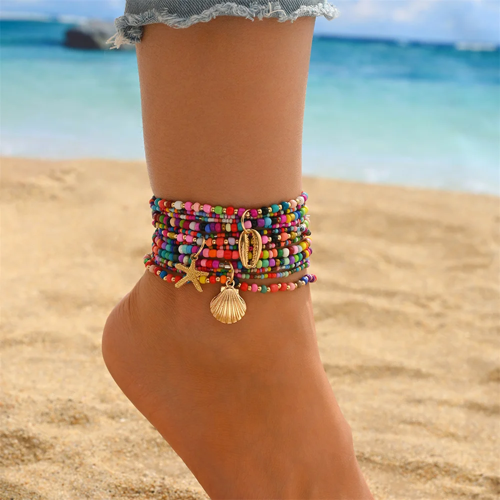 3pcs/Set Rainbow Beads Starfish Shell Anklets Sets For Women Bohemia Foot Chains Beach Jewelry Summer Ankle Bracelet Accessories