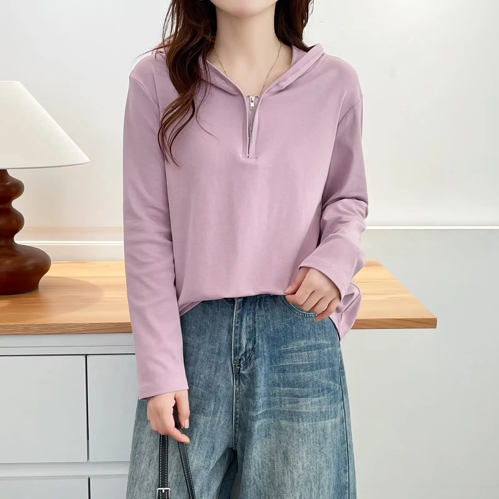 Fashion Plus Size Women's T-Shirt New Style Autumn Hooded Zipper half-collar Long Sleeve Hoodie Top 8822