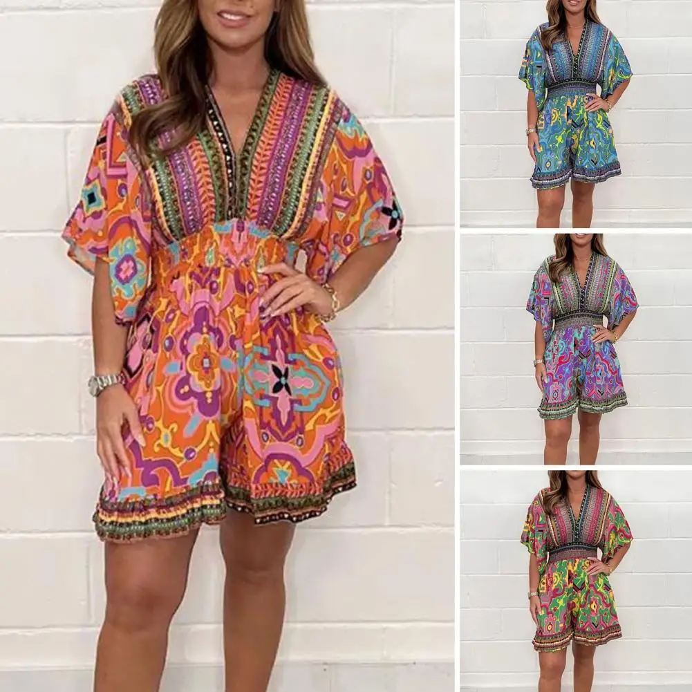 

Women's Playsuits Vintage Colorful Print V Neck High Elastic Waist Patchwork Half Sleeve Straight Breathable Lady Short Rompers