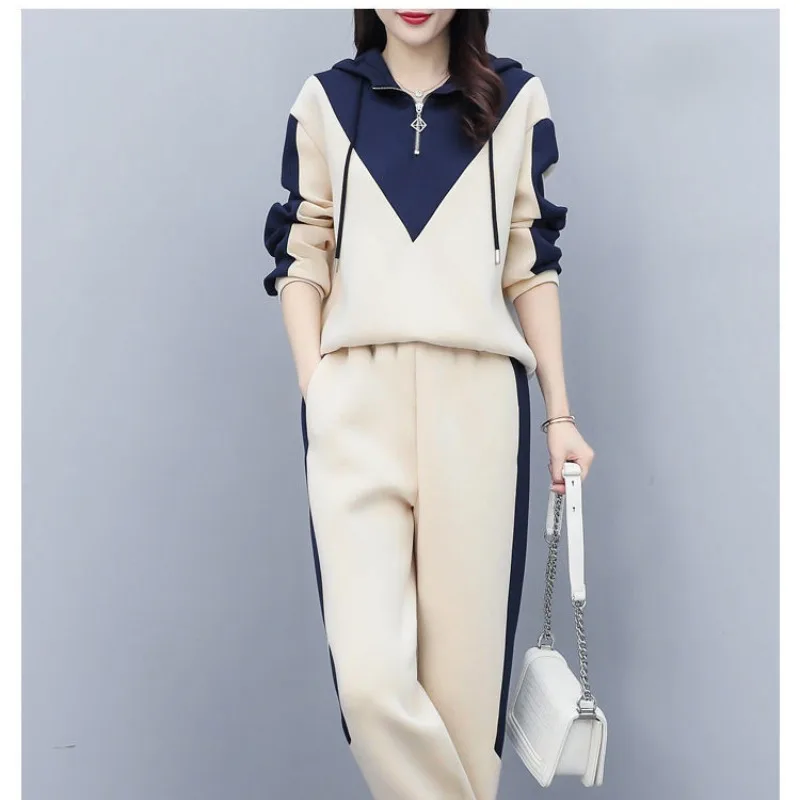 Casual Fashion Hooded Spliced Pullovers Two Piece Set Autumn Winter Simplicity Sporty Elastic Waist Pant Sets Women's Clothing