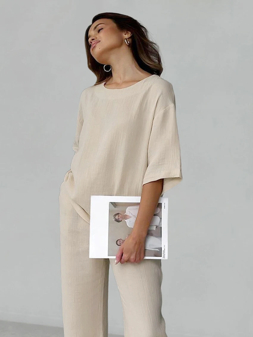 Marthaqiqi Cotton Women'S Sleepwear 2 Piece Set O-Neck Pajamas Half Sleeve Nightgowns Wide Leg Pants Casual Ladies Home Clothes