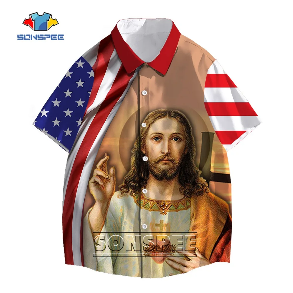 SONSPEE Christ Jesus Shirt Men Women 3D Print Religion God With Flag Hawaiian Shirt Daily Harajuku Cosplay Short Sleeve Blouse blouses american flag star striped blouse in multicolor size l m s