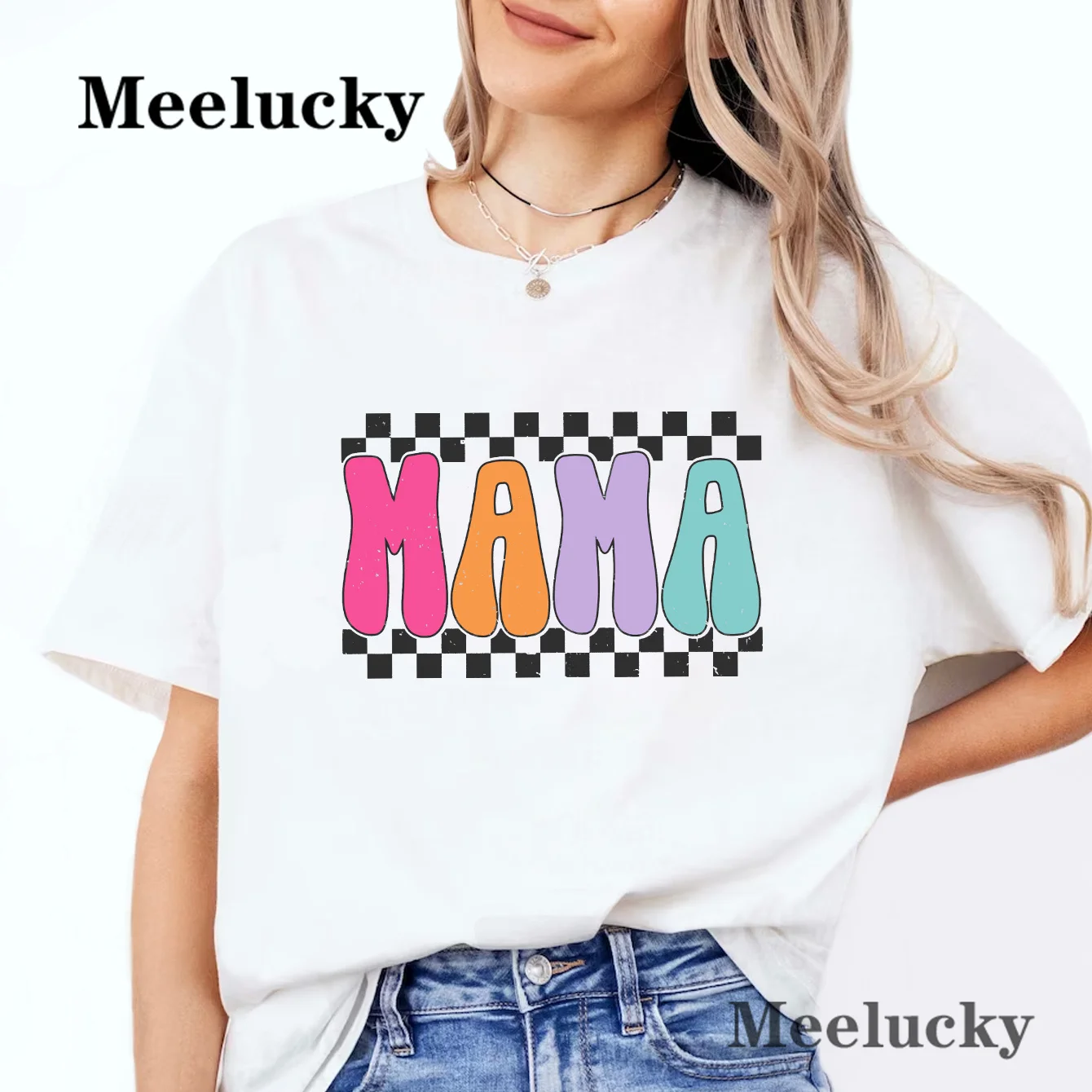 

Bright Checkered Mama Letter Graphic Versatile T-shirts Fashion Loose Casual Sports Summer Crew Neck Short Sleeve Top