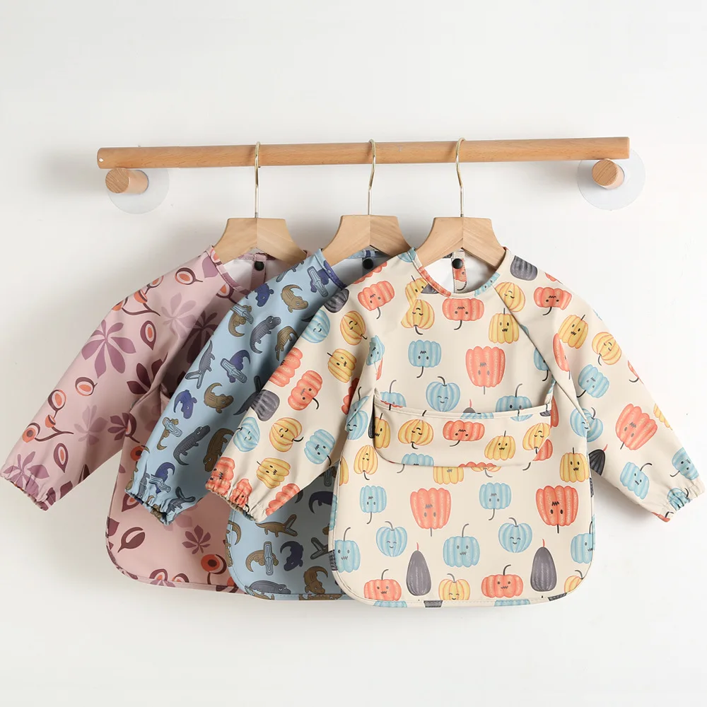 Long Sleeved Soft PU Baby Bib Painting Waterproof Meals Protection Washable for Children