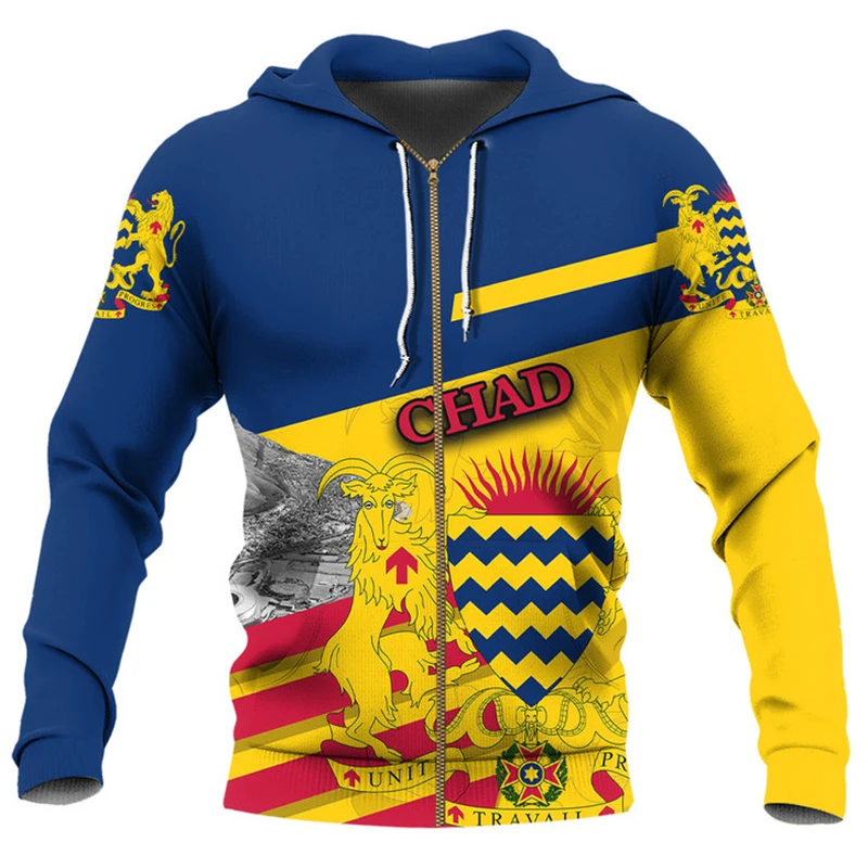 thumbnail image 1 of Sudadera con capucha y cremallera con el emblema nacional de Chad y la bandera de África para hombre, ropa informal, deportiva, para niño, 1 of 5