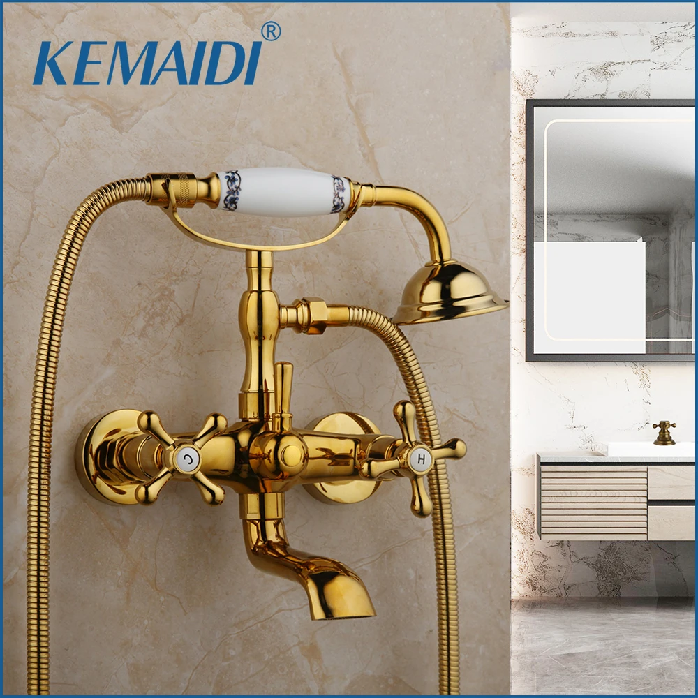 

KEMAIDI Gold Bathtub Shower Faucets Set Dual Knobs Mixer Tap Wall Mounted Bath Shower Set with 360 Swivel Tub Spout Black