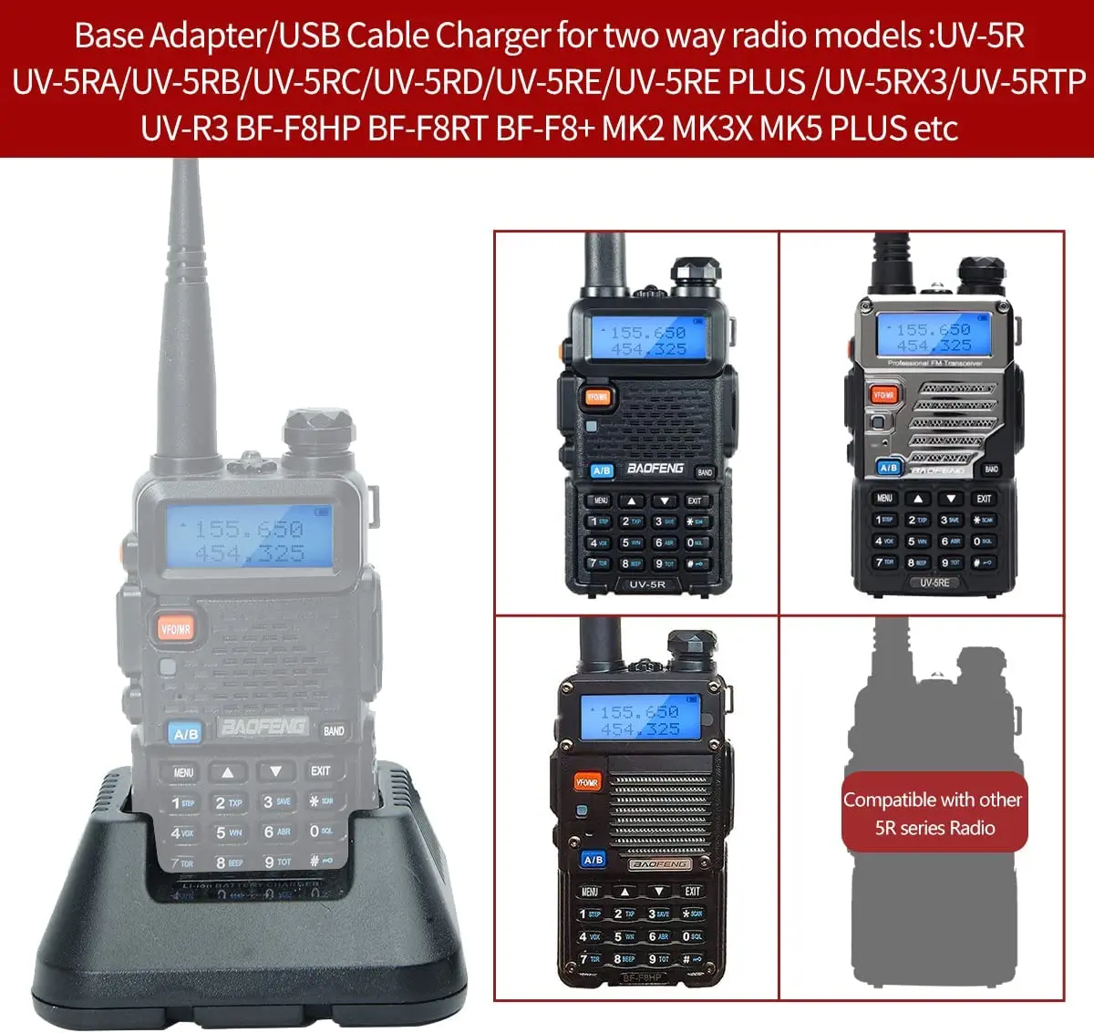 Baofeng Charger UV-5R BF-F8HP Charger Two-Way Radio Charger 100v-240v with Adapter + USB Charger Cable for UV-5R Series Walkie 6