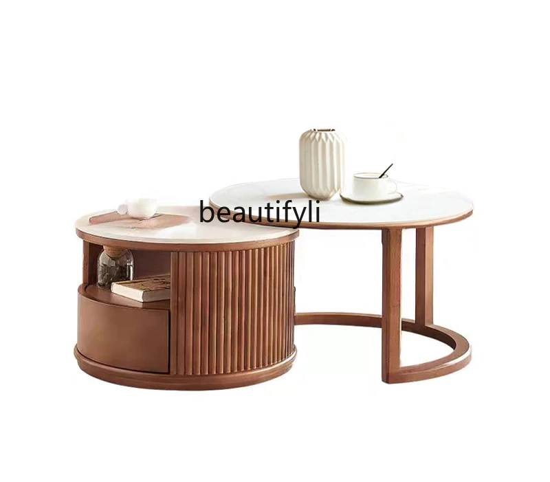 

Журнальный столик из массива дерева, Круглый выдвижной кофейный столик в скандинавском стиле, органайзер для хранения в маленькой квартире, простой боковой столик для гостиной