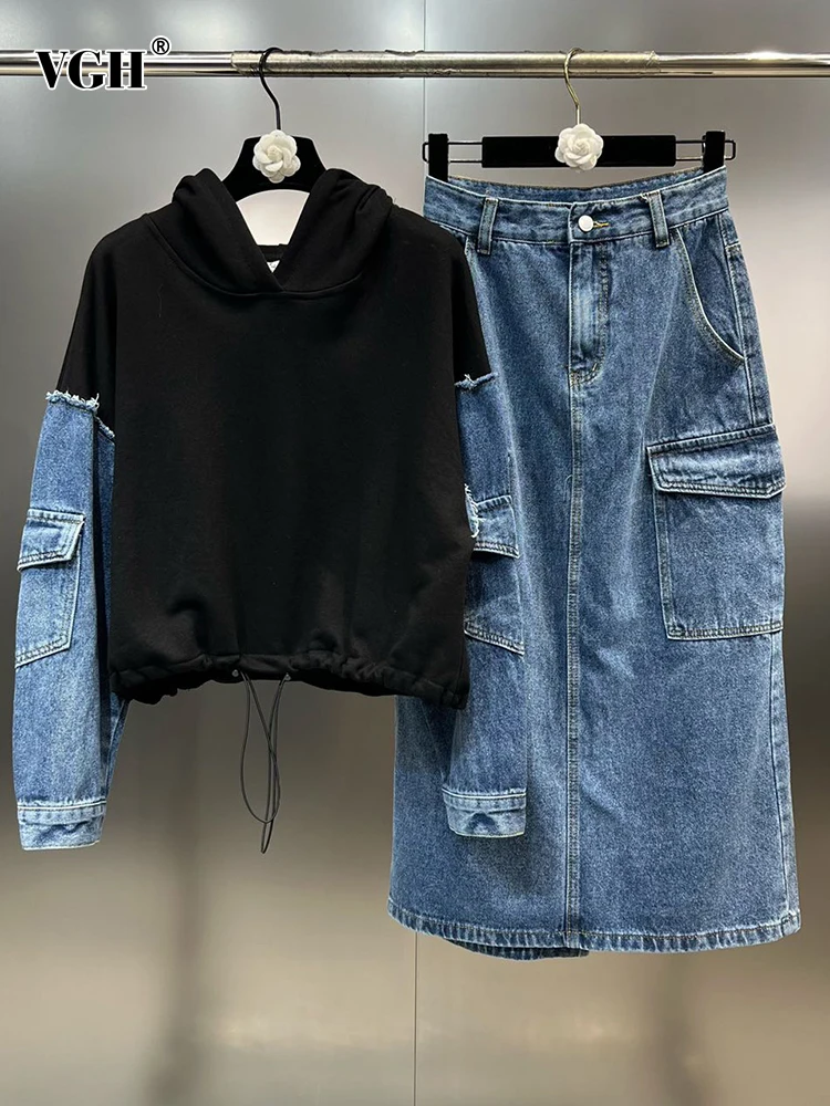 

VGH Patchwork Pockets Two Piece Set For Women Hooded Long Sleeve Hit Color loose Top High Waist Denim Skirts Casual Sets Female