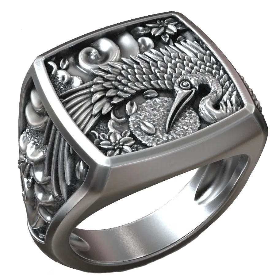 

Stork Bird Flower Traditional Japanese Ornament Signet Ring 925 Solid Sterling Silver Ring