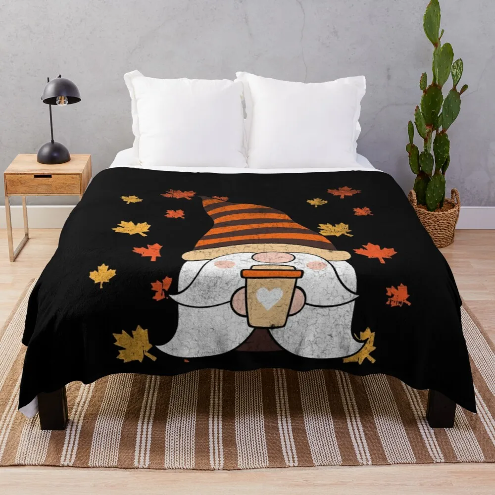 

Autumn Gnome Coffee Fall Season. Fall Gnomes And Autumn Leaves Cute Graphic Throw Blanket Thin Wadding Blanket