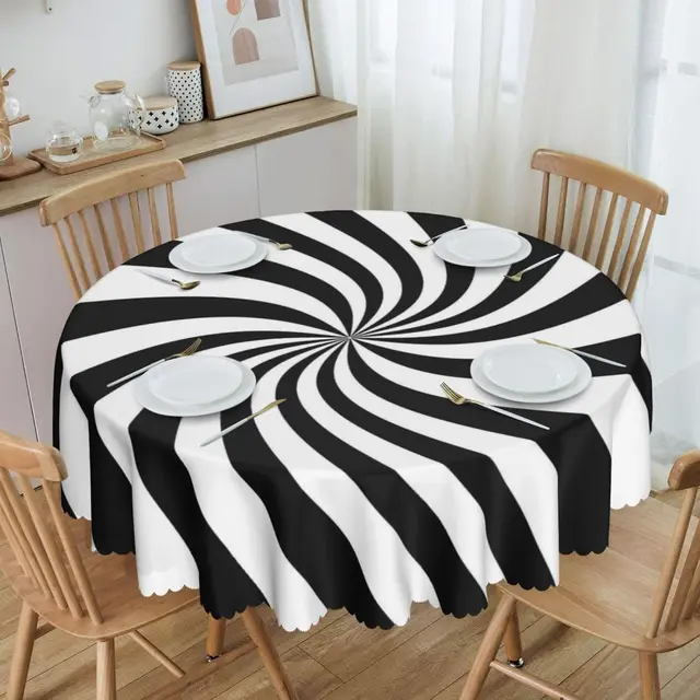 Nappe géométrique à rayures tourbillonnantes amusantes - Housse de table moderne noire et blanche lavable pour les fêtes 1