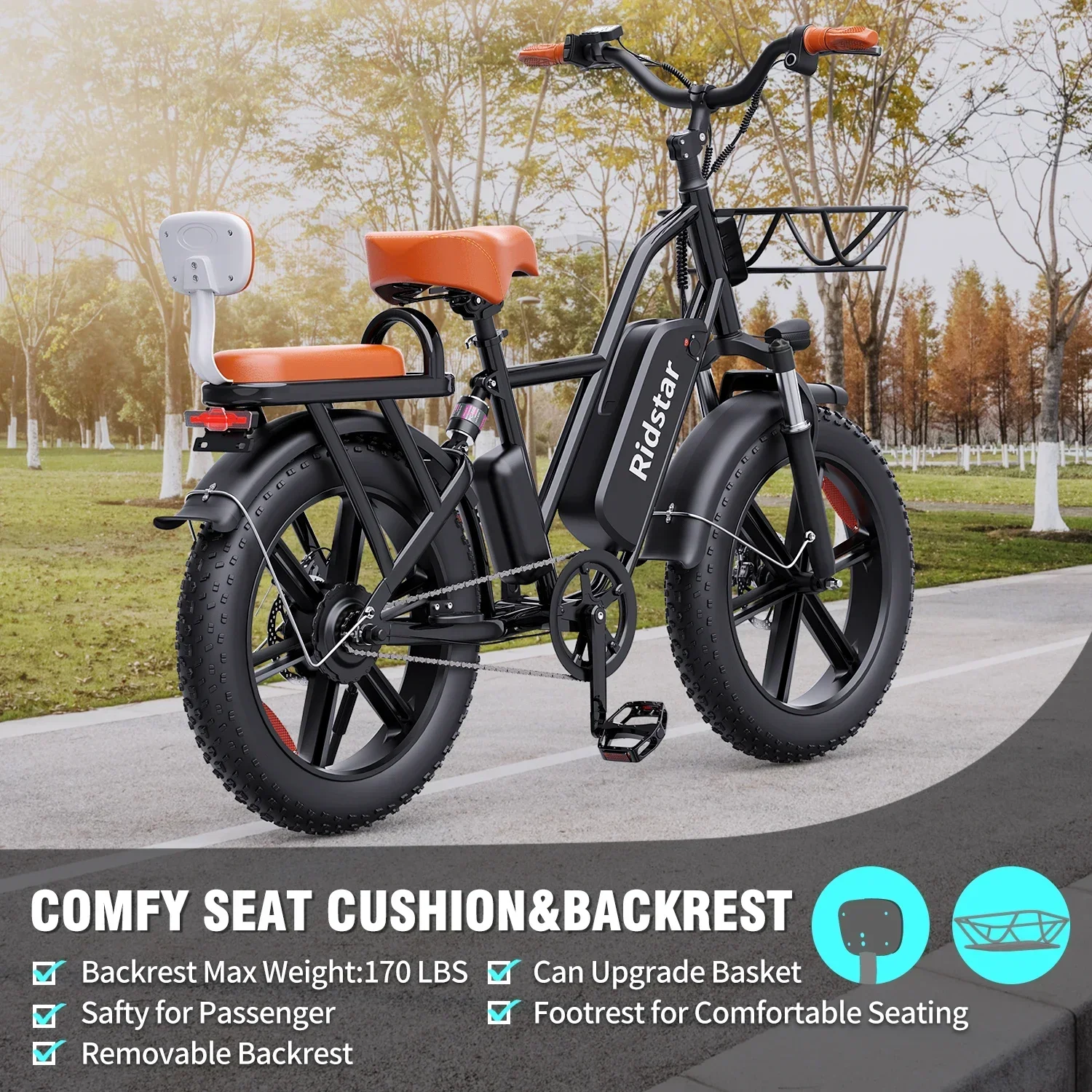 FM-001 electric bicycle 20-inch fat tires 1000W 48V 15AH Beach Mountain and Back Seat Riding Adult Electric Bicycle