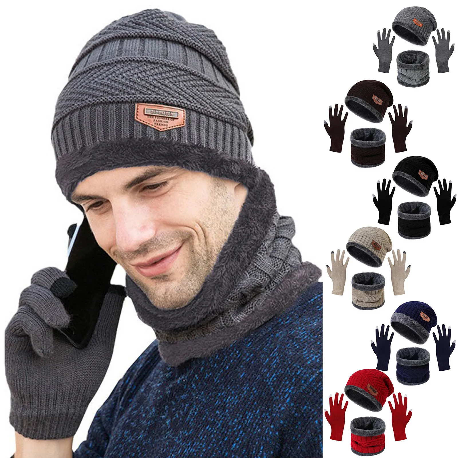 Winter Men Knitted Hat Scarf And Gloves Winter Solid Warm Knitted Set Warm Gifts For Male