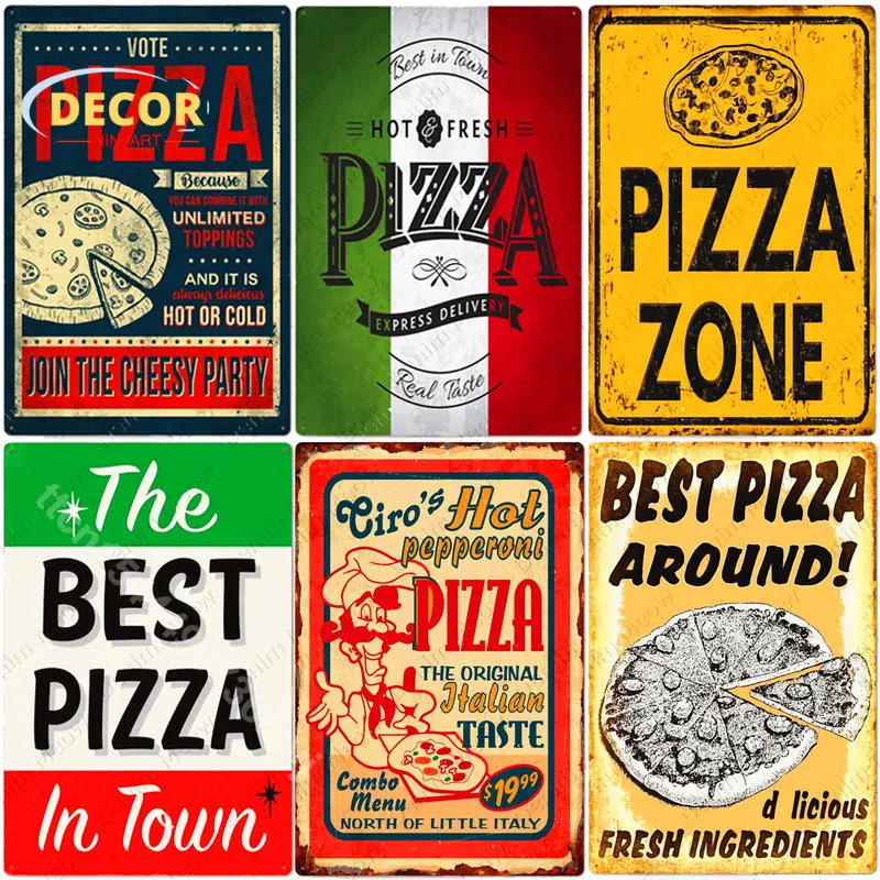 

Vintage Pizza Zone Metal Tin Sign Poster for Retro Plaque Italian Food Signs Bar Pub Plate Art Wall Room Decors Aesthetic Decor
