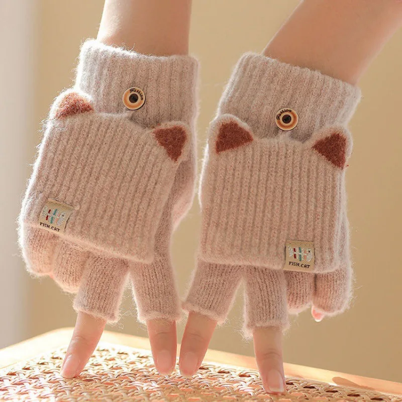 Cute Women Knitted Gloves Solid Cartoon Cat Ears Girls Mittens Autumn Winter Warm Woolen Lady Full Finger Gloves