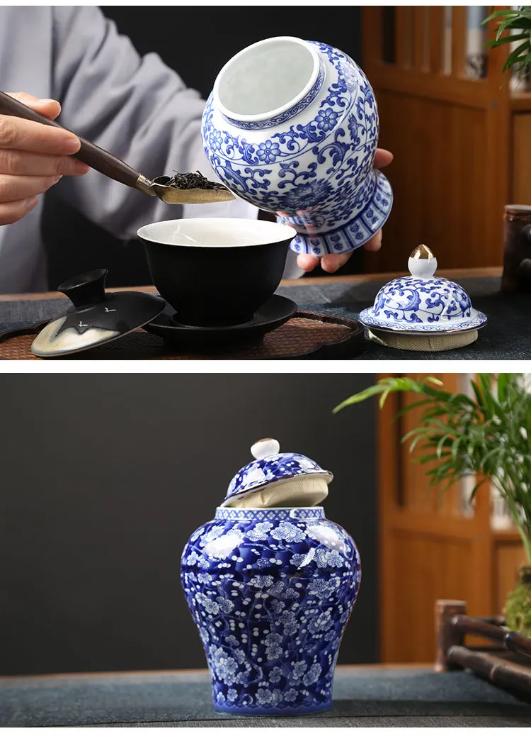 Description Picture 6 of itemGold-plated Ceramic Storage Jar Blue and White Porcelain Tea Jar Vintage Porcelain Storage Container Sealed Pot Art Decoration