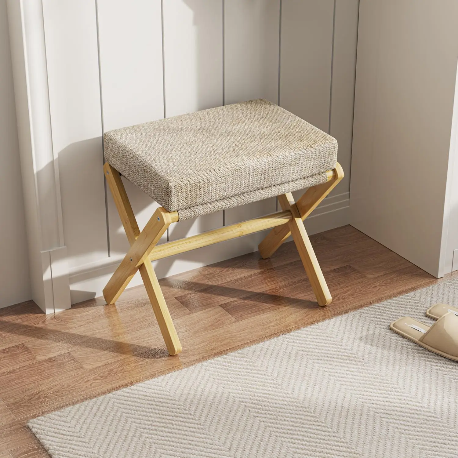 Foldable Foot Stool Ottoman, Modern Foot Rest with Bamboo X Legs & Thick Foam Cushion, Folding Foot Stools Small Padded