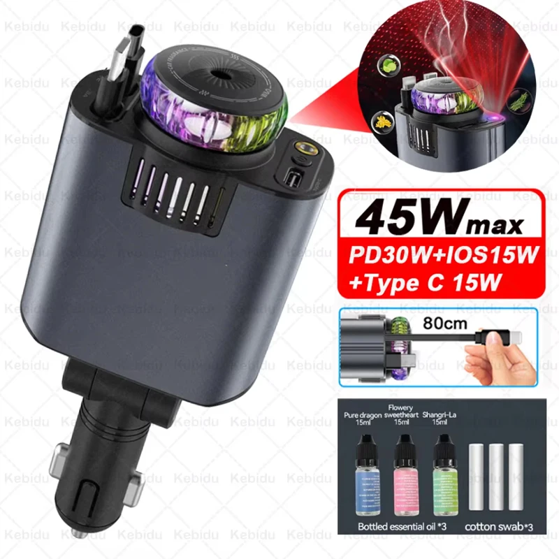 5-in-1-Auto-Aromatherapie-Diffusor für ätherische Öle, Sternenlicht, 45 W, einziehbares Telefon-Ladegerät mit IOS Typ C PD30W-Kabel für iPhone