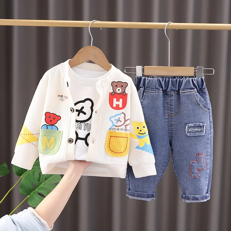 Set di Abbigliamento per Bambini Primaverile alla Moda: Cappotto con Cartoni Animati, T-shirt e Pantaloni, Completo 3 Pezzi - immagine 4