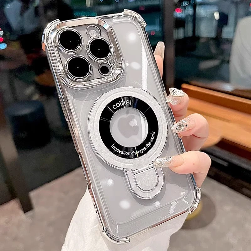 Deluxe Transparent Magnetic Shockproof Case with Adjustable Stand and Plating Finish