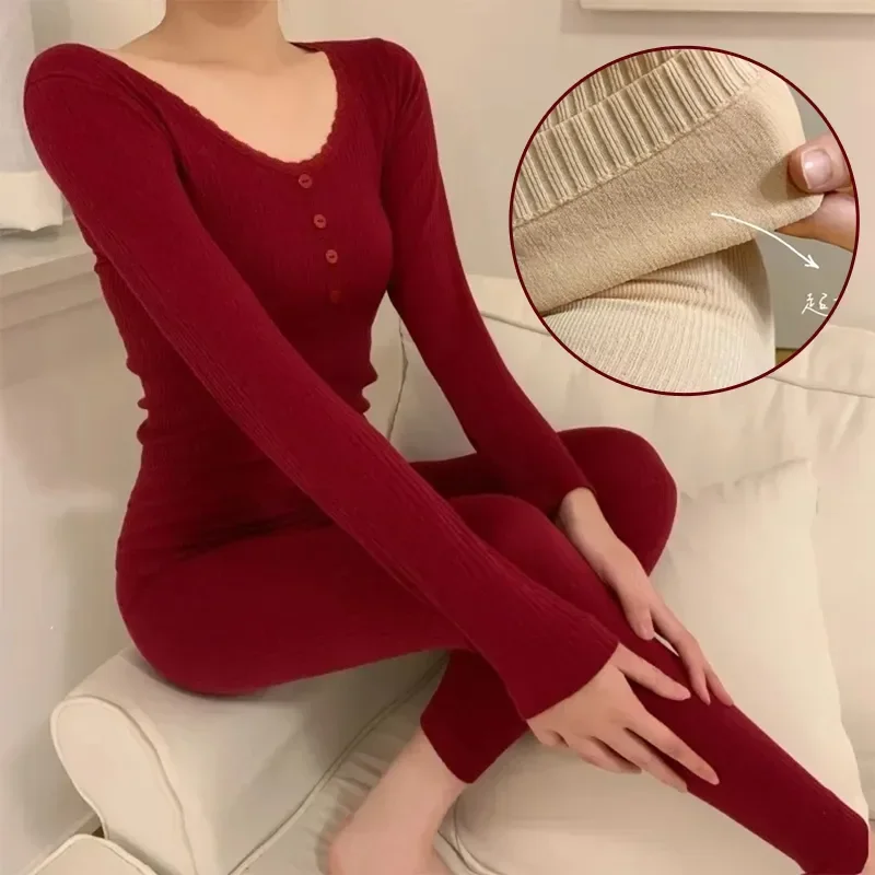 

Sets Heated Velvet Sexy Undershirt Inner Thermal Underwear Pants Interior Lace Body Woman Warm Winter Shirt Wear Suit