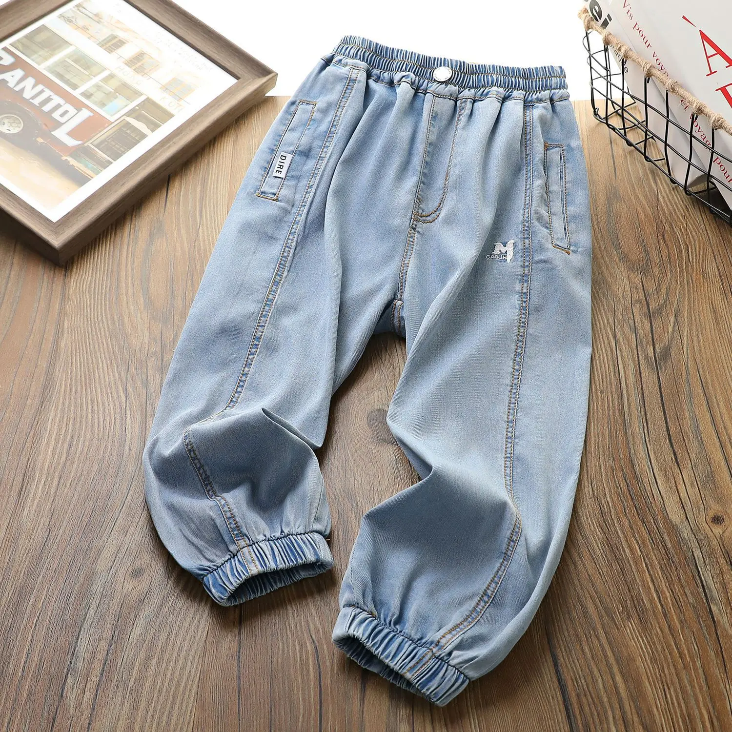 

Джинсы для больших мальчиков, эластичные детские джинсовые брюки, класс А, Новинка лета 2024