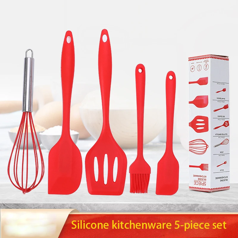 Silicone Cooking Utensils Set Non-Stick Silicone Cake Spatula Cooking Shovel Whisk Oil Brush Flexible Kitchen Utensils Sets 5Pcs