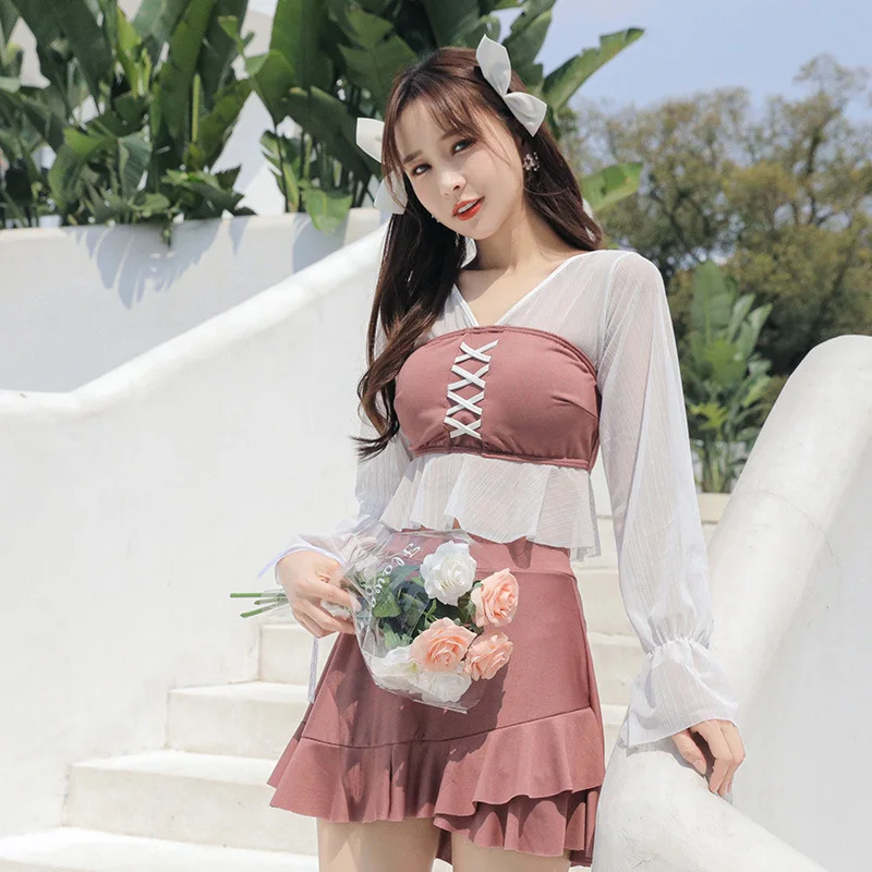 

Женский слитный купальник с коротким рукавом, однотонный купальник в Корейском стиле с высокой талией, 2023